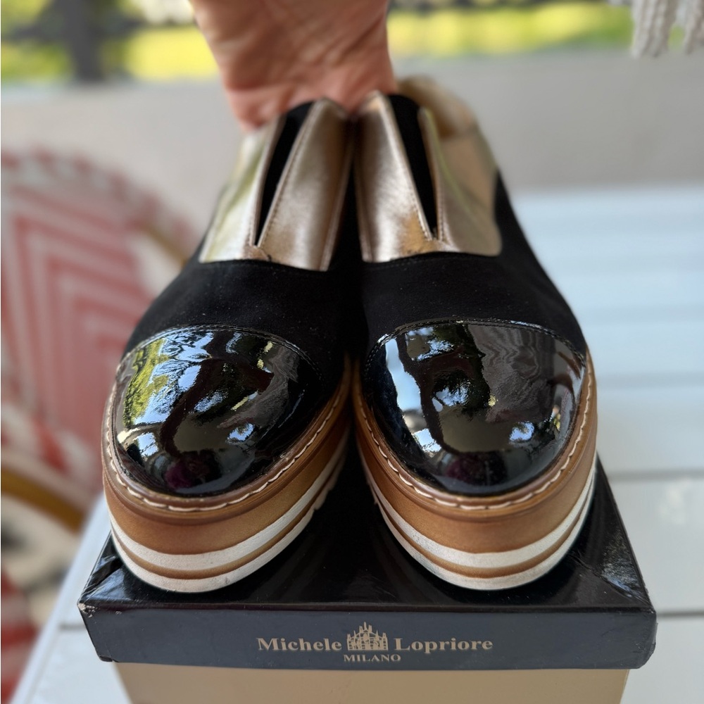 Michele Lopriore Black and Gold Slip-On Shoes